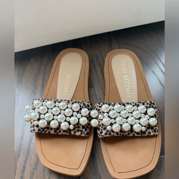 New! STUART WEITZMAN Goldie Cheetah Print Slide Leather Sandals Size 8 - Picture 4 of 9